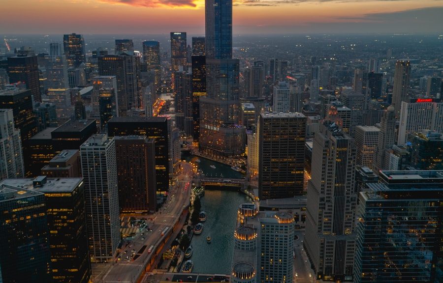 An aerial view of a city at sunset